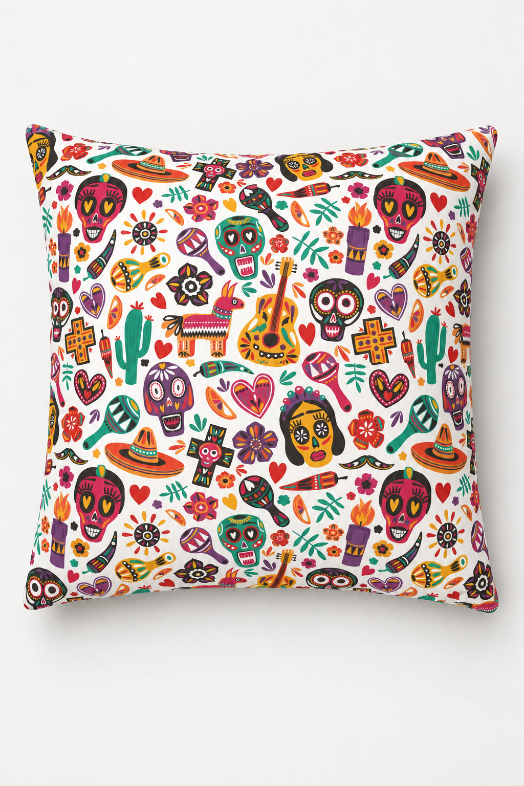 Colorful 16 x 16 faux suede pillow cover with sugar skull and Mexican folk art pattern