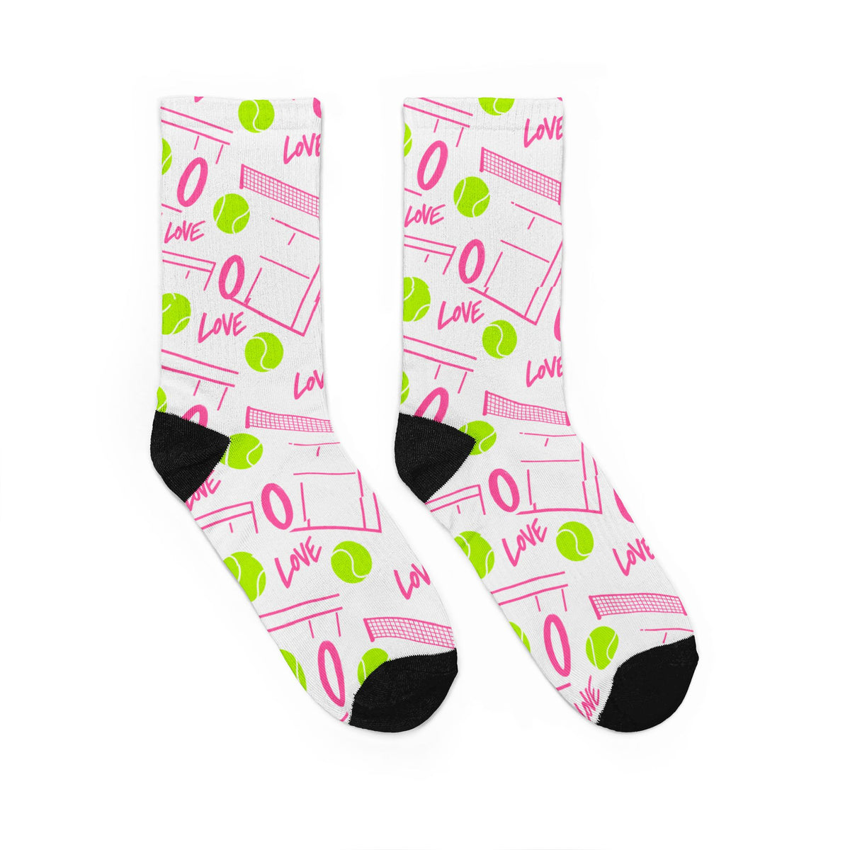 Colorful Love Zero tennis socks with pink court lines and green tennis balls