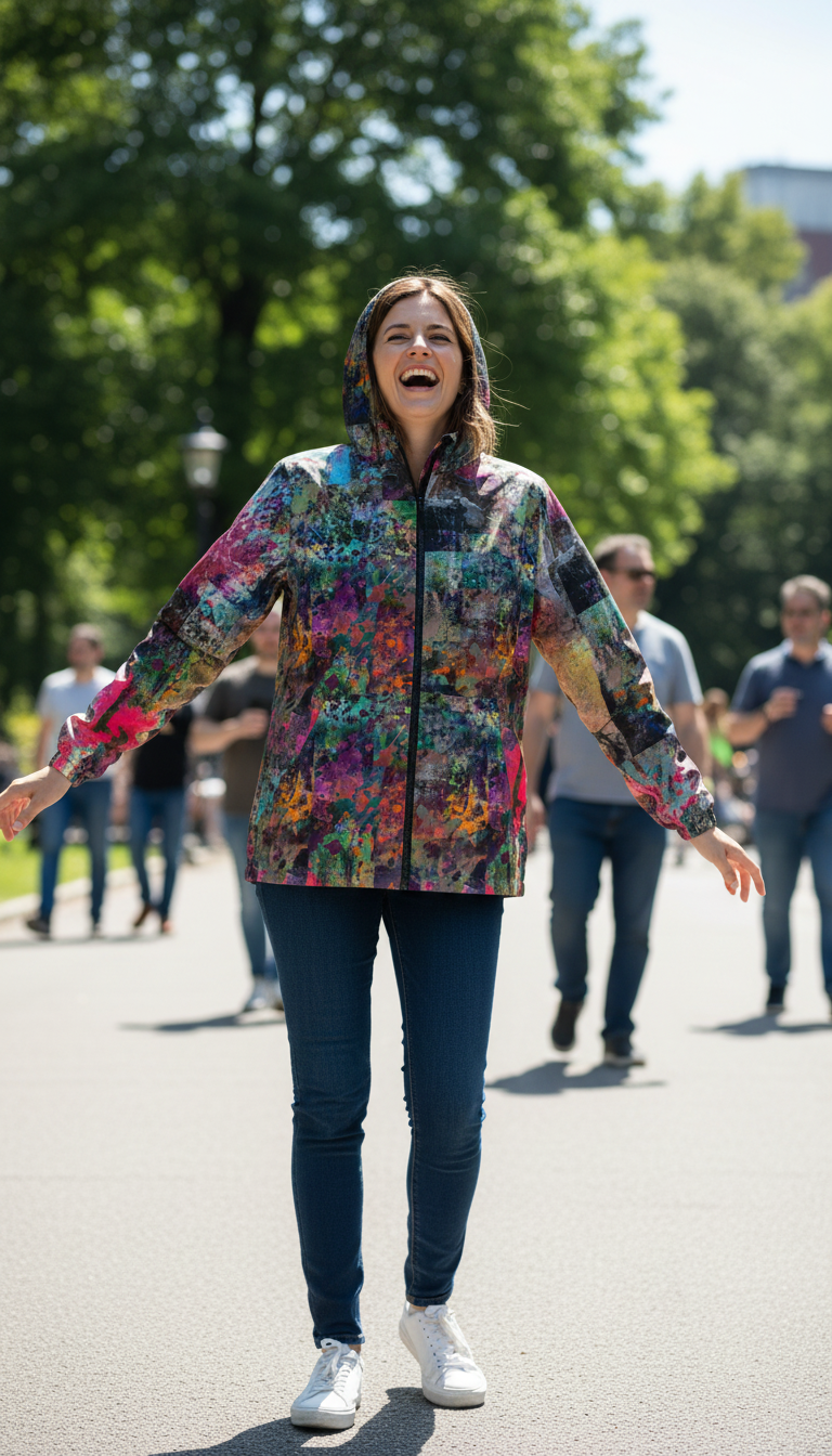 Woman wearing the colorful abstract print windbreaker jacket in an outdoor streetwear look.