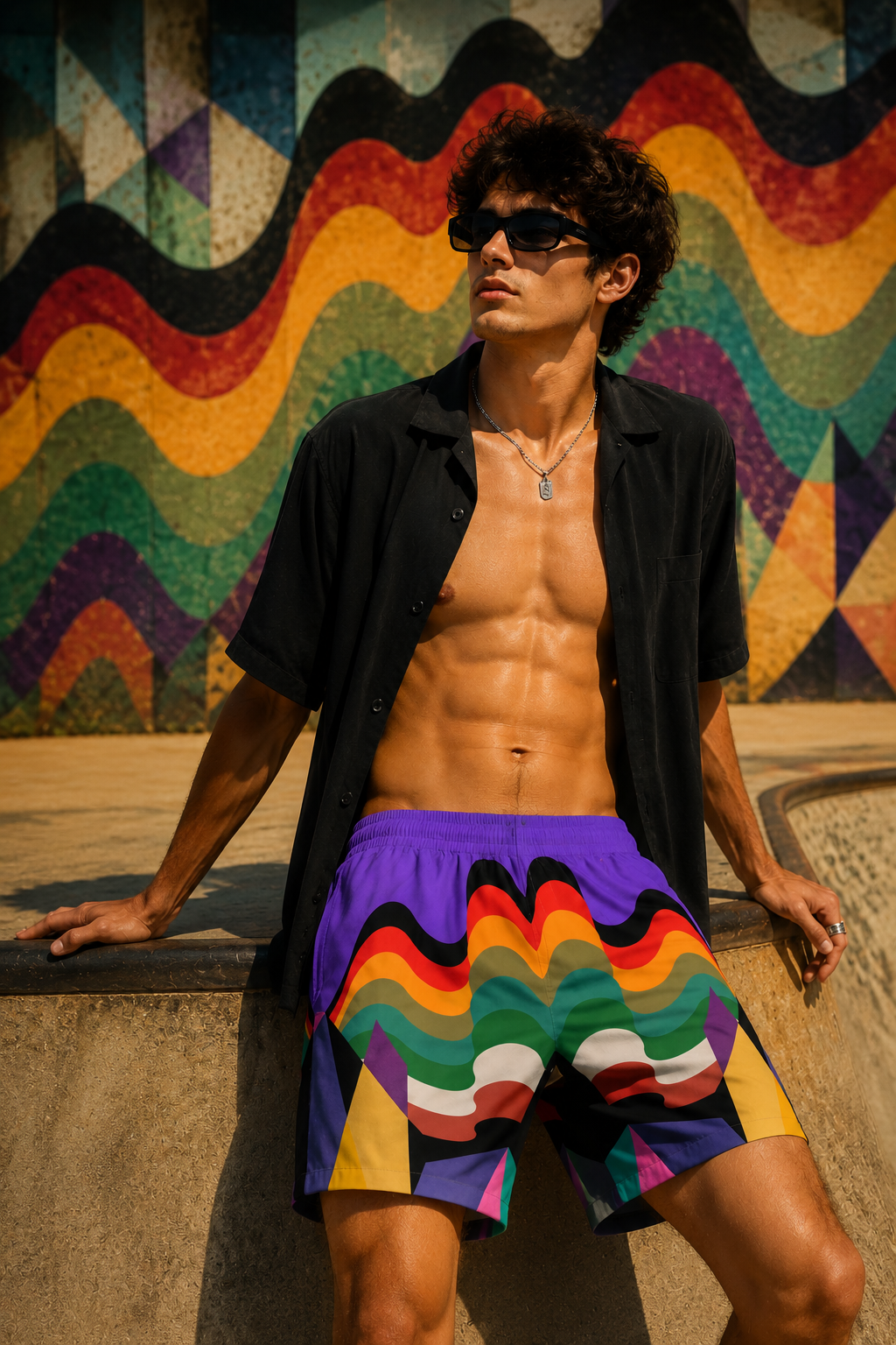 Male model wearing colorful psychedelic wave beach shorts against retro mural wall during summer