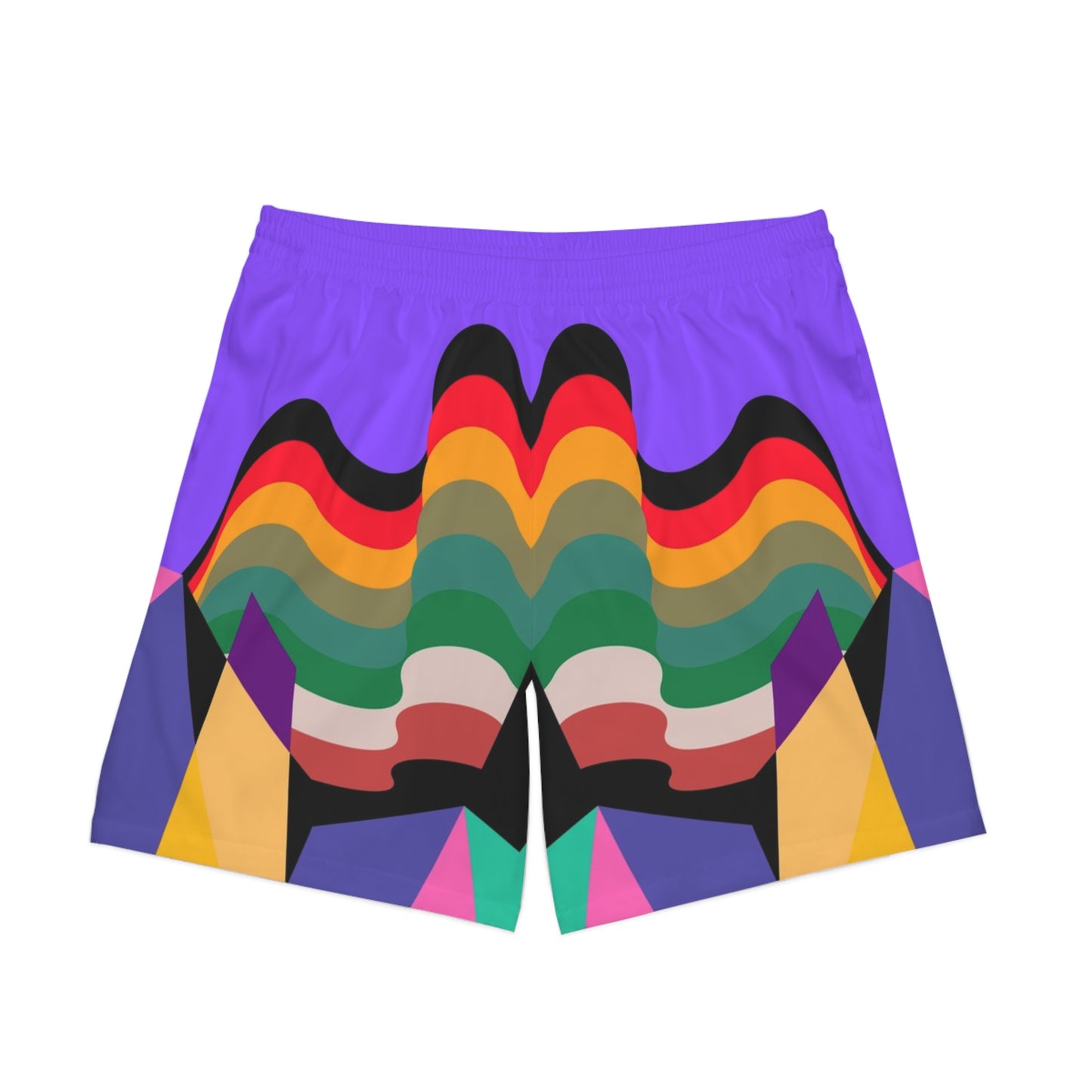 Front view of psychedelic retro wave beach shorts with colorful rainbow graphic pattern