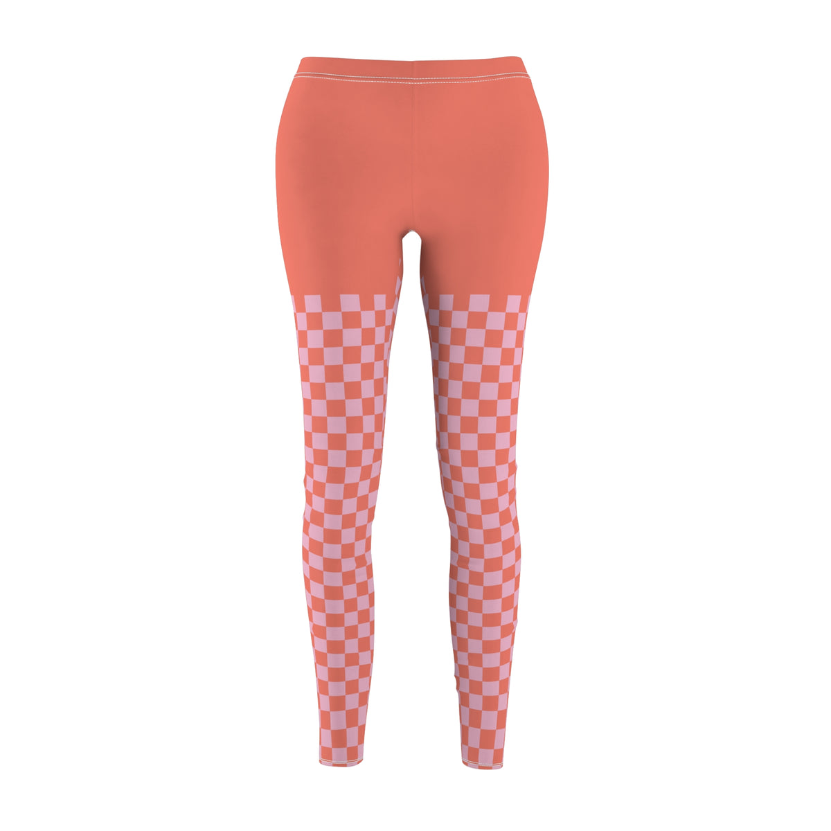 Front view of coral gridlock leggings with checkerboard fade