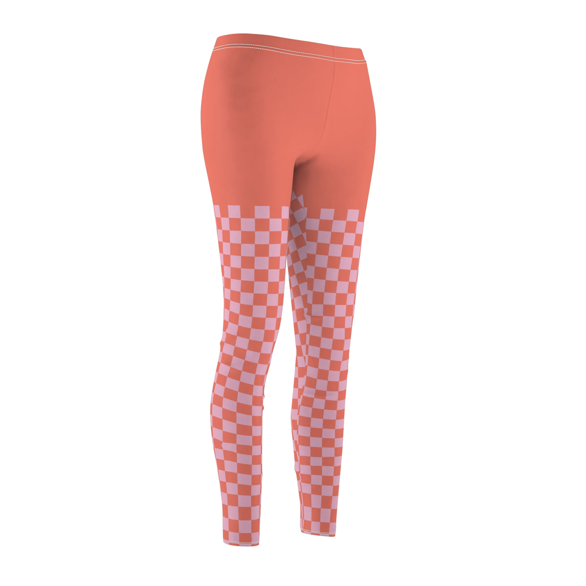 Coral Gridlock Leggings worn from a rear side angle showing the grid design