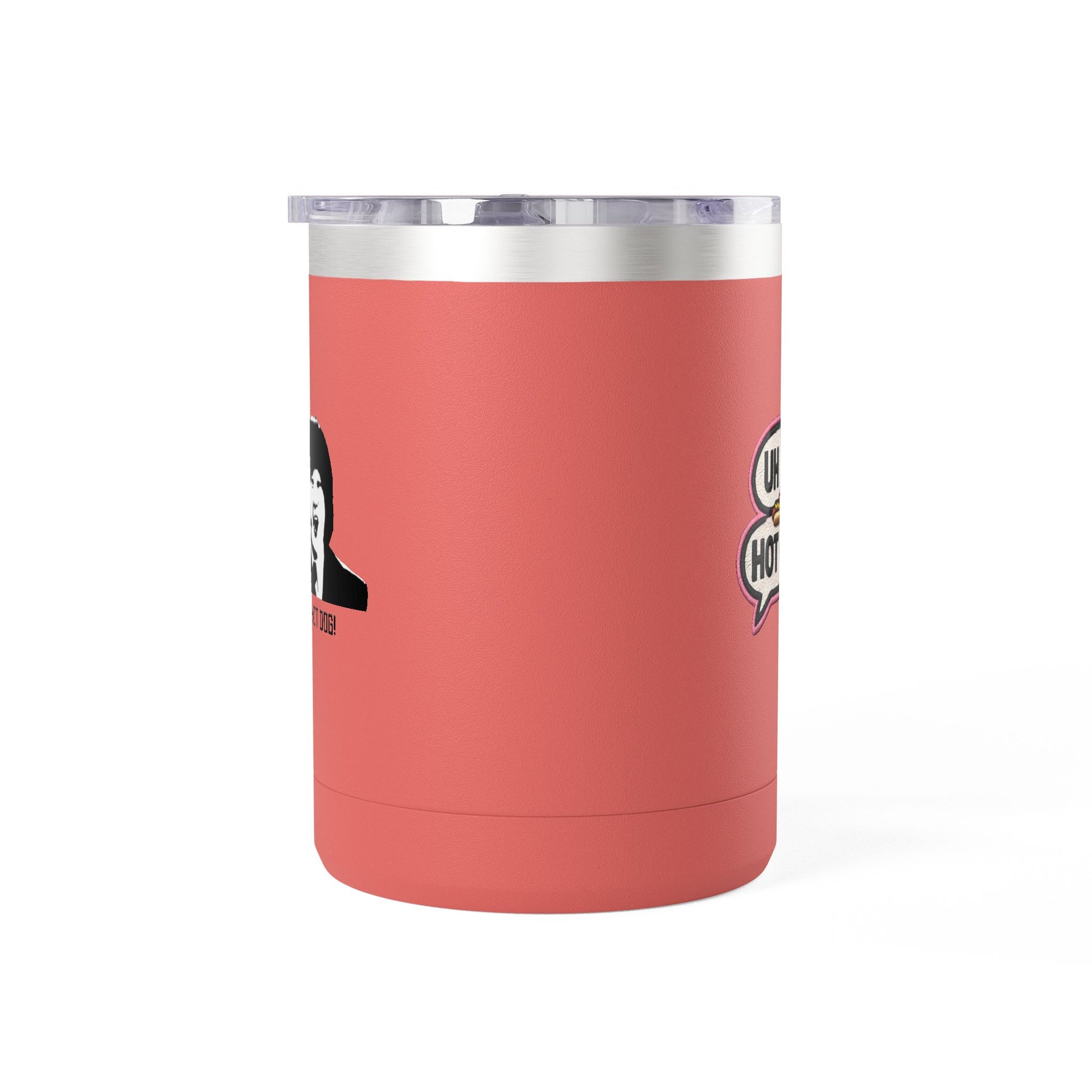 Side view of coral Uh Oh Hot Dog MADtv travel mug showing the wraparound printed design