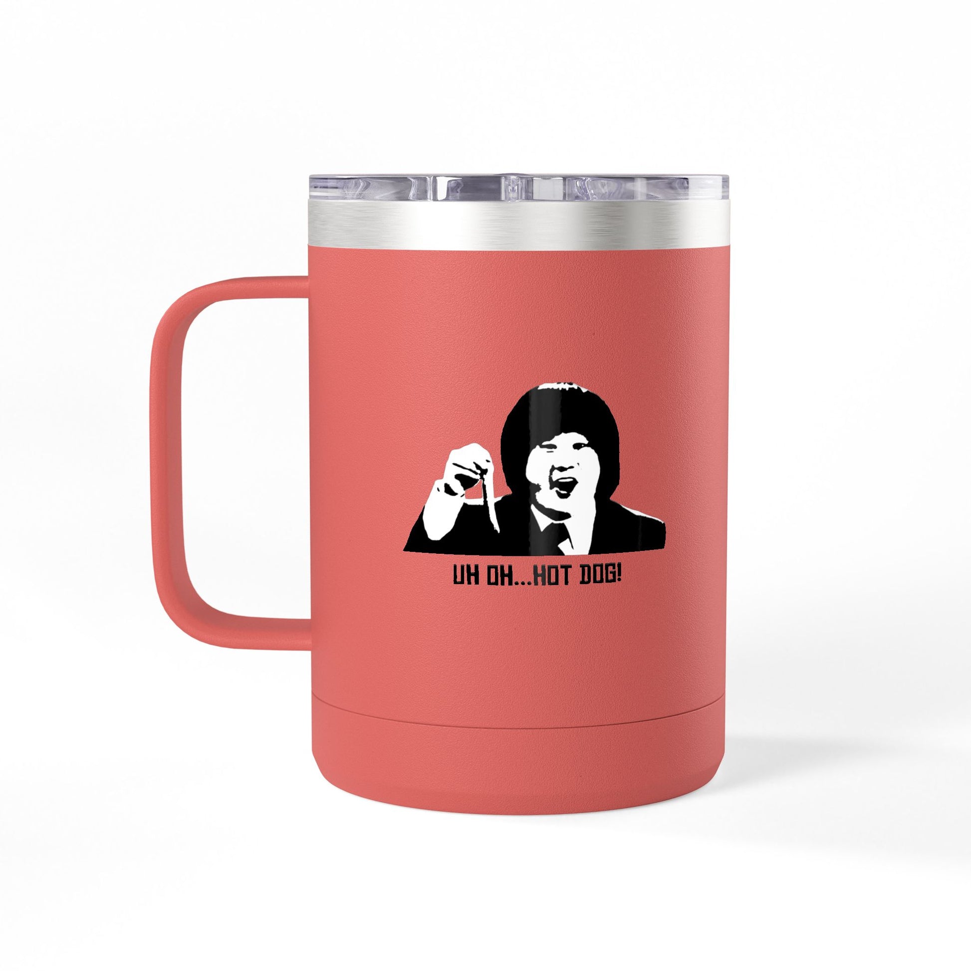 Coral Uh Oh Hot Dog MADtv insulated travel mug with black character artwork