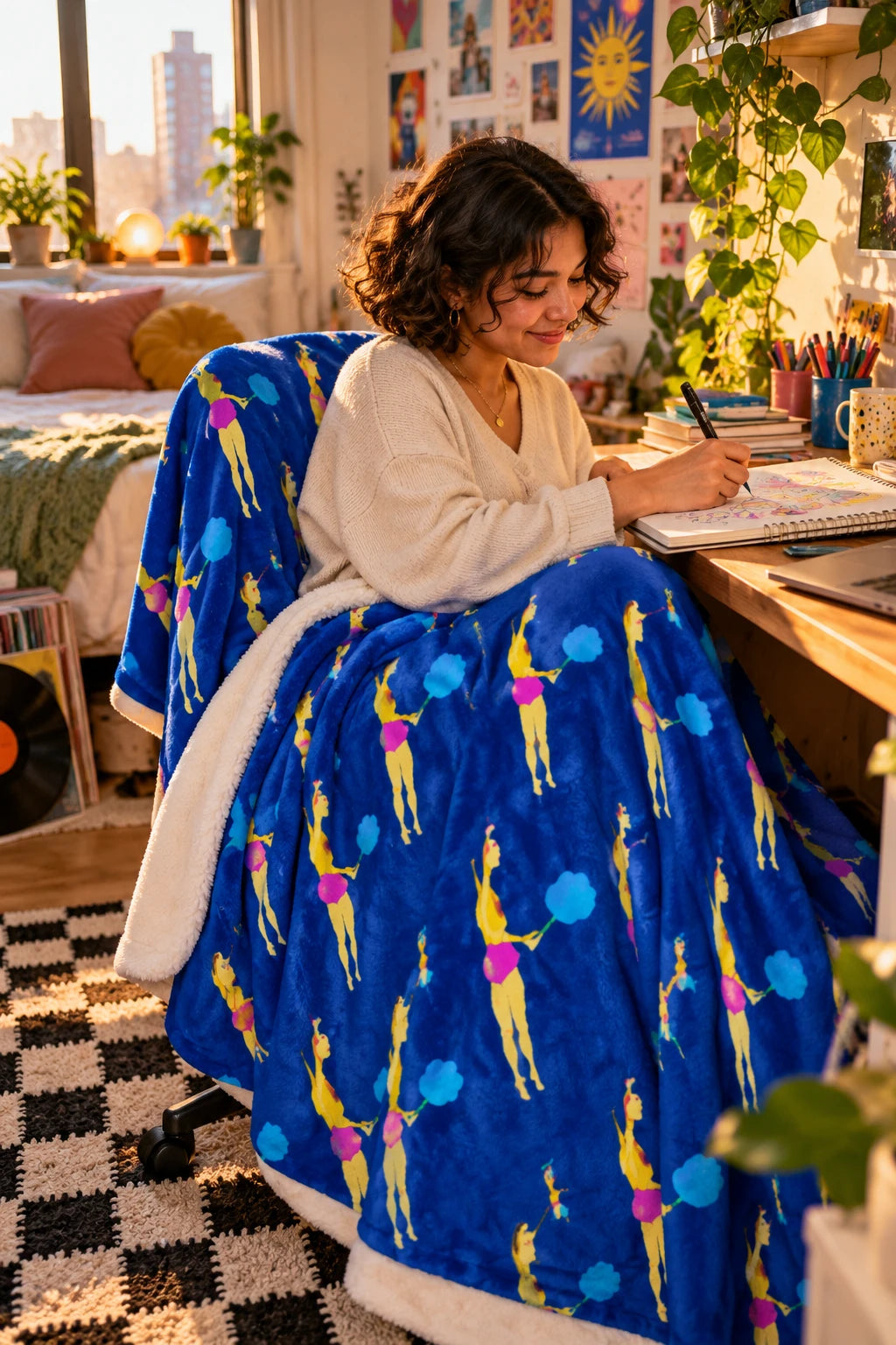Tantrum Media Cotton Candy Art Fleece Throw Blanket – Blue 50 x 60 wrapped around a woman drawing at her desk.