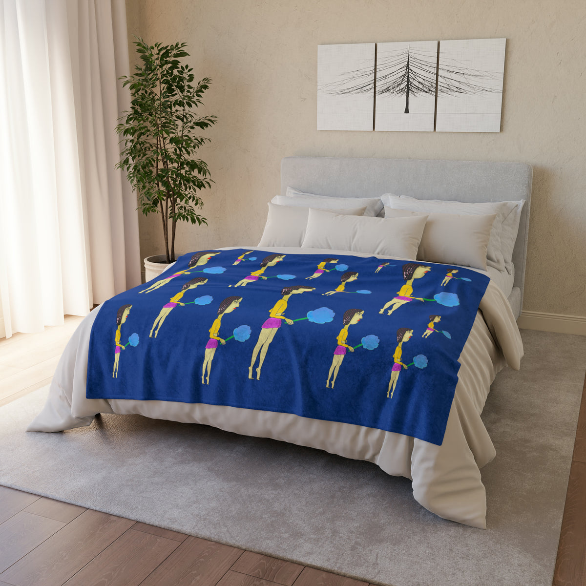 Tantrum Media Cotton Candy Art Fleece Throw Blanket – Blue 50 x 60 spread across a bed in a neutral bedroom.