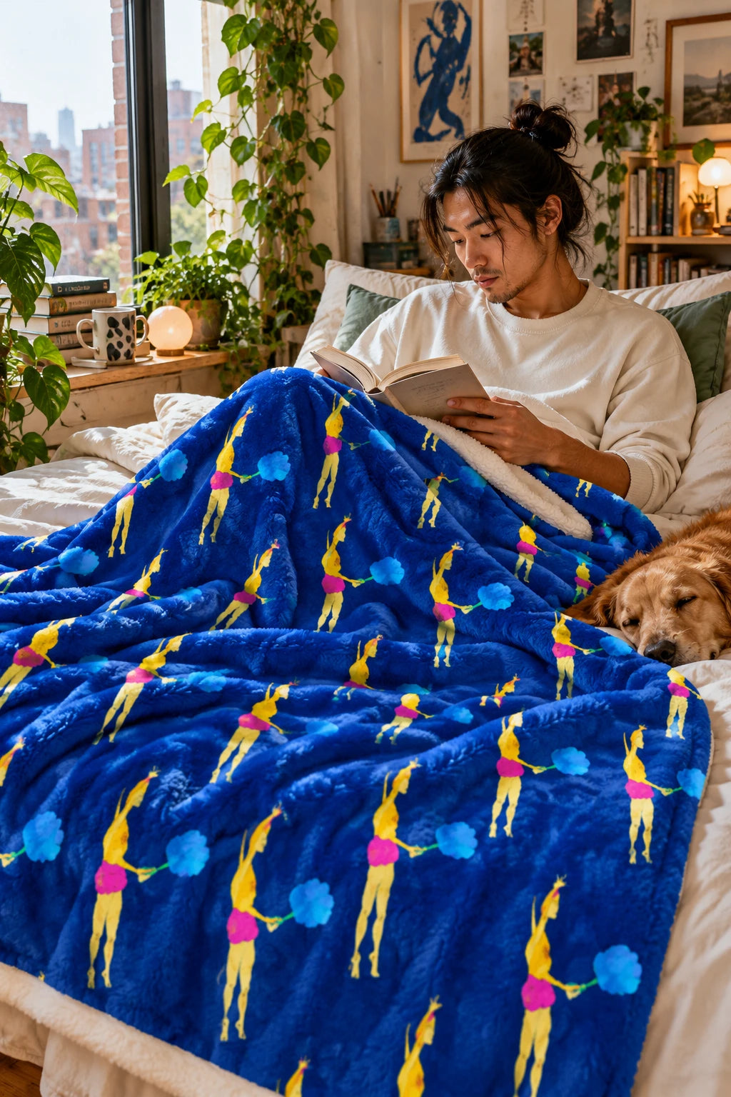 Tantrum Media Cotton Candy Art Fleece Throw Blanket – Blue 50 x 60 spread across a bed as a person reads beside a dog.