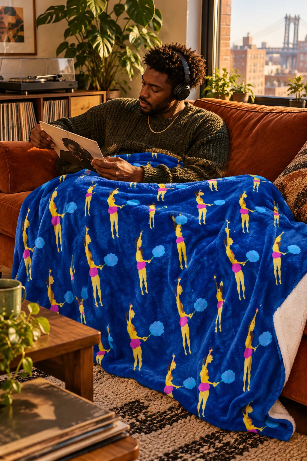 Tantrum Media Cotton Candy Art Fleece Throw Blanket – Blue 50 x 60 draped over a man’s lap as he listens to music on a sofa.
