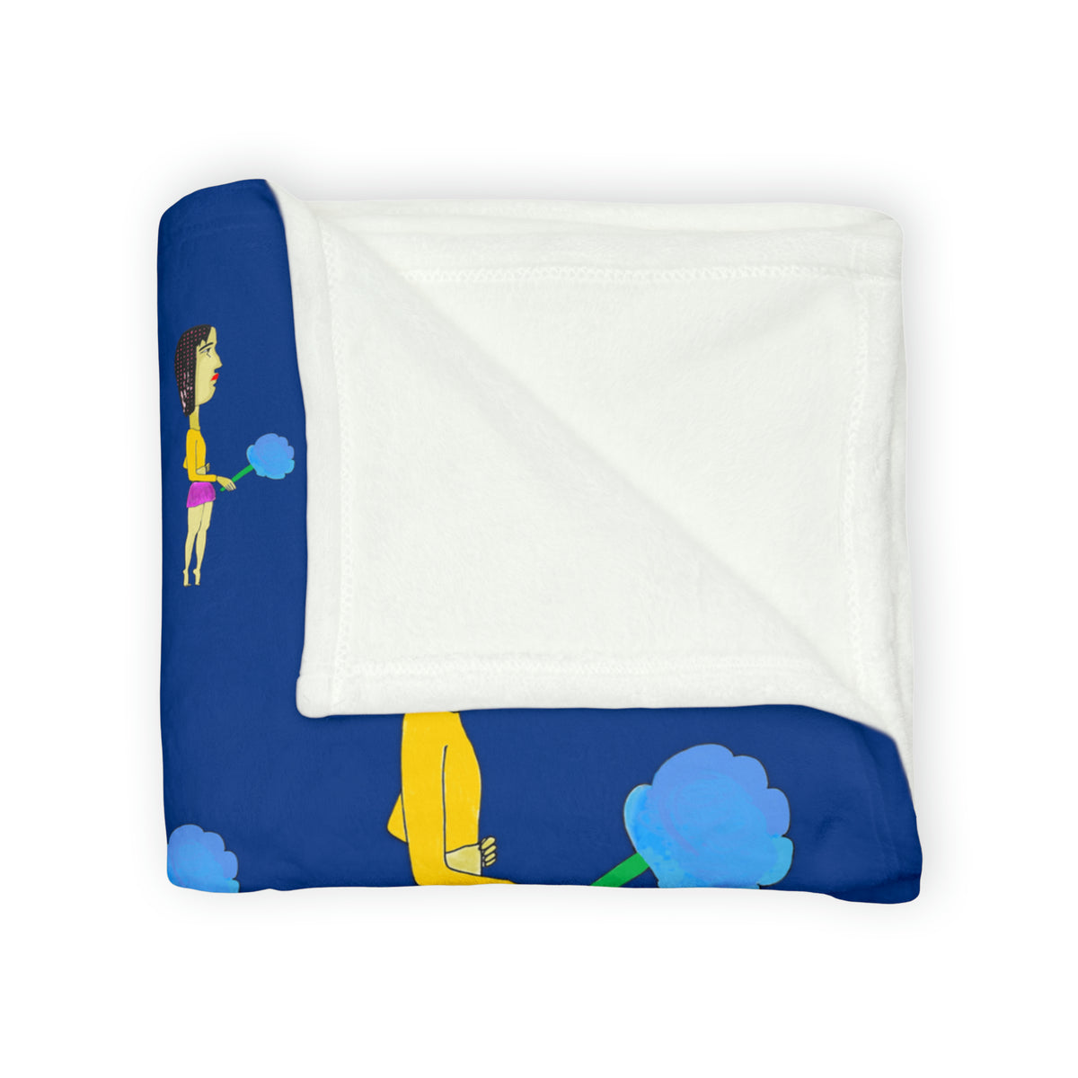 Folded Cotton Candy art fleece throw blanket with blue printed front and soft white sherpa backing