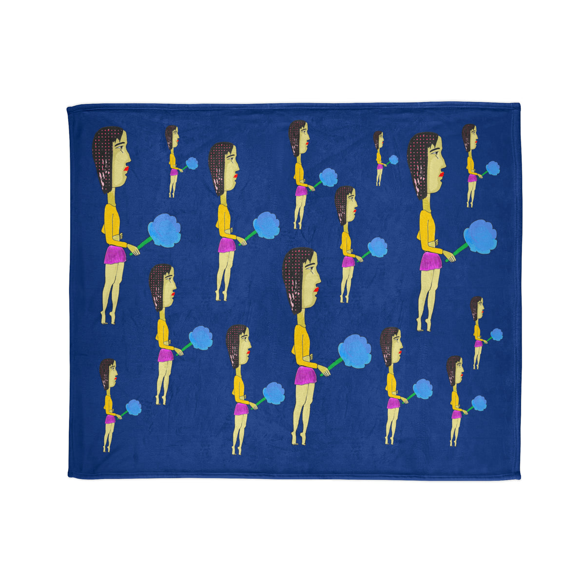 Cotton Candy art fleece throw blanket front view with blue background and hand-drawn figure pattern