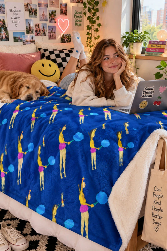 Cotton Candy art fleece throw blanket in a colorful youthful bedroom with woman lounging on bed
