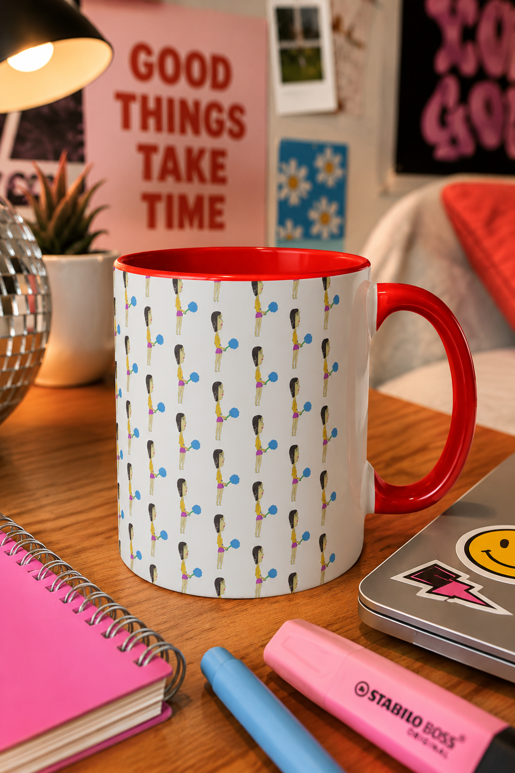 Cotton Candy Illustrated Mug styled on a colorful Gen Z dorm room desk with notebooks and creative accessories.