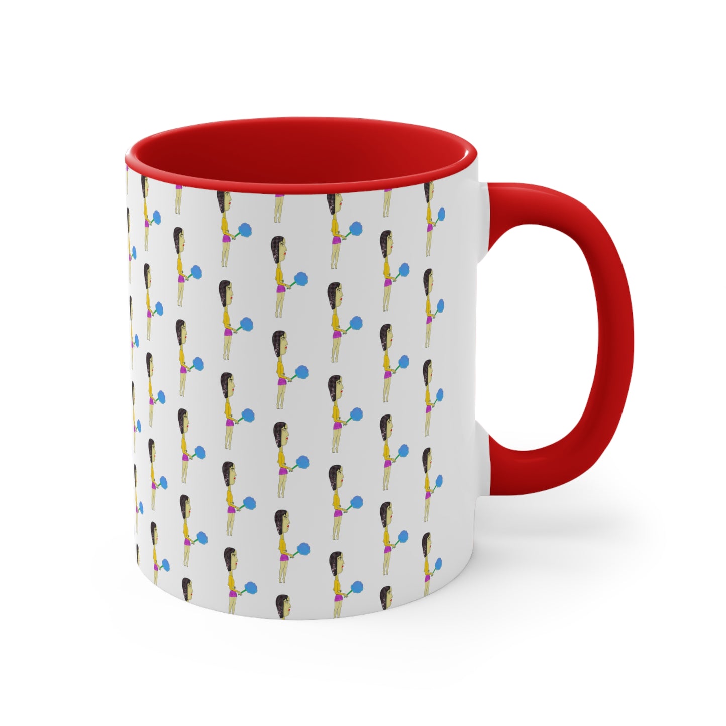 Cotton Candy Illustrated Ceramic Mug with bright red handle, red interior and colorful repeating character design.