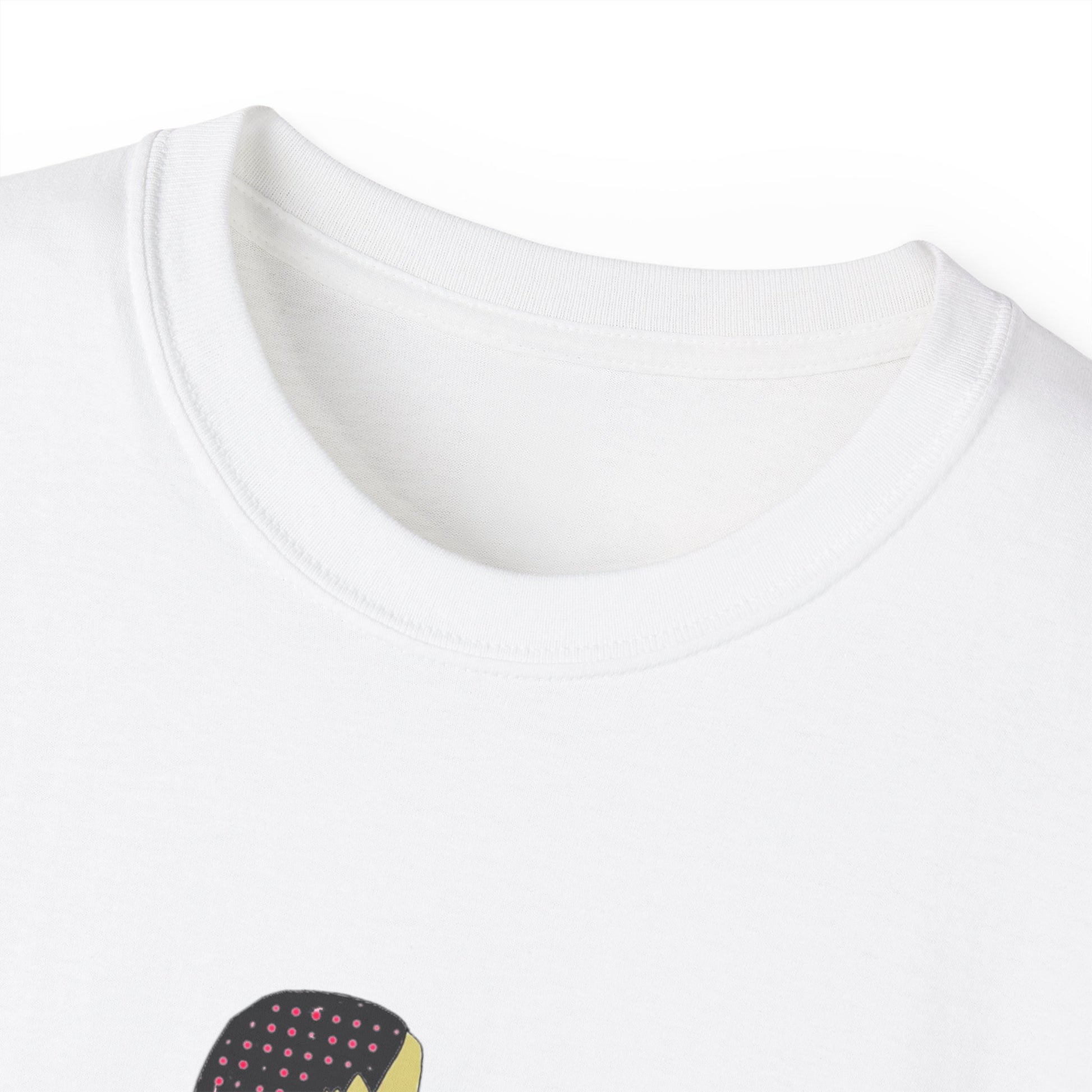 Close-up detail of the Cotton Candy Graphic Unisex T-Shirt showing the premium crew neck and fabric texture.