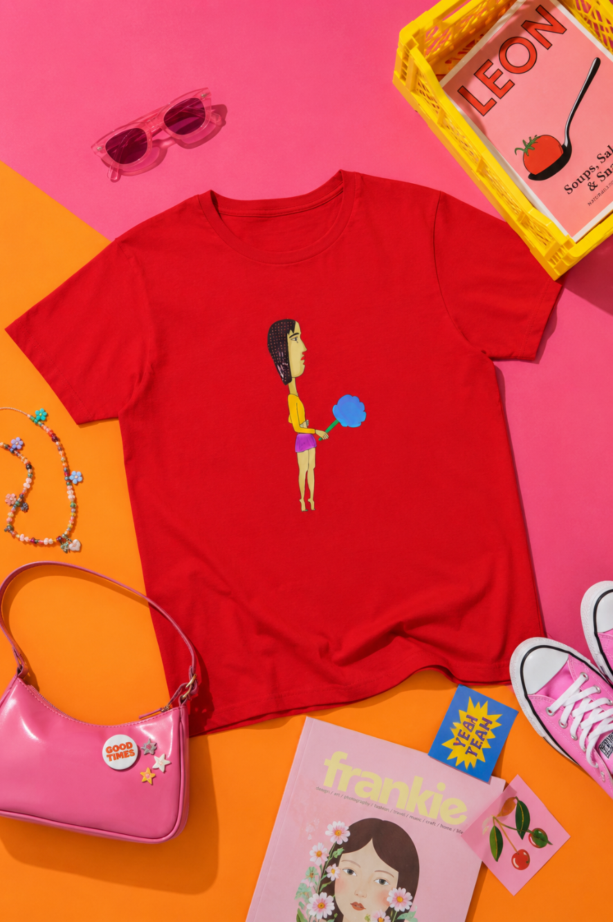 Flat lay of the Cotton Candy Graphic Unisex T-Shirt surrounded by colorful summer accessories and candy.