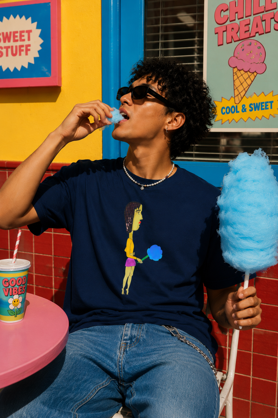 Young man wearing the Cotton Candy Graphic Unisex T-Shirt while enjoying cotton candy in a vibrant carnival-themed editorial scene.