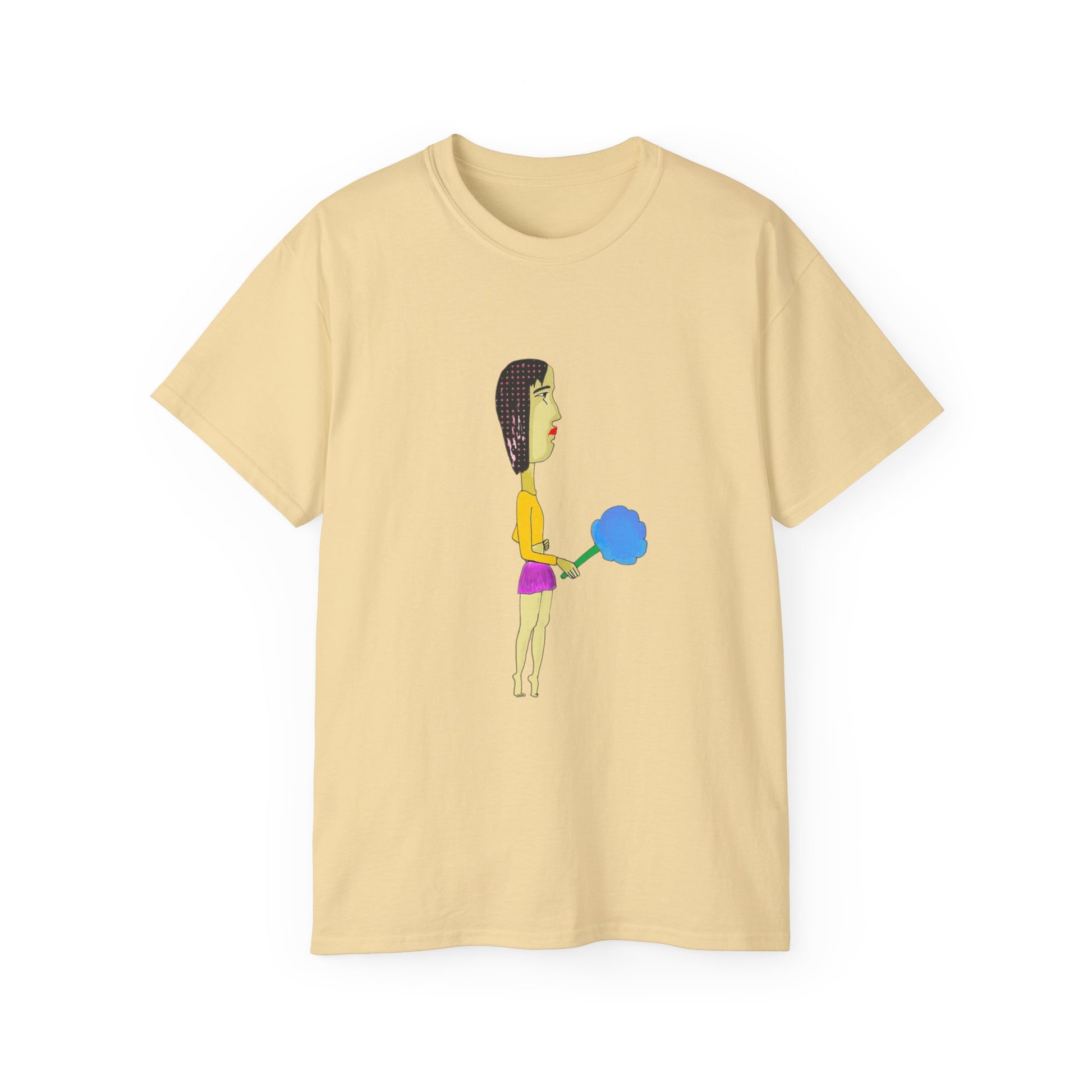 Front view of the Cotton Candy Graphic Unisex T-Shirt in sand featuring the original cotton candy illustration.