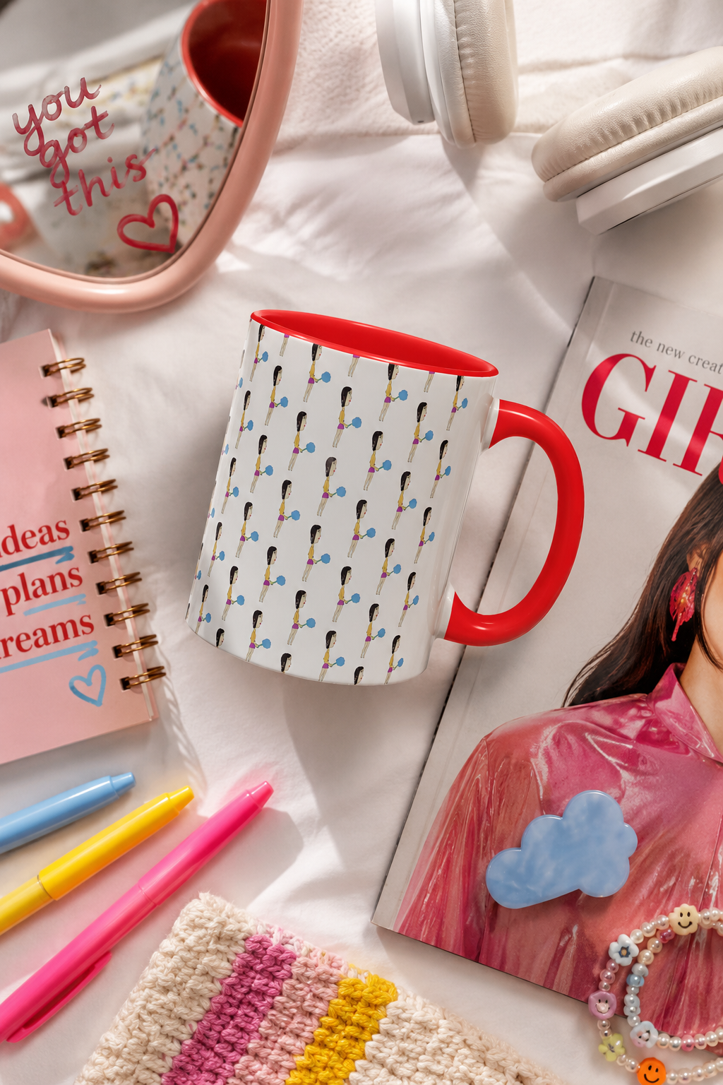 Cotton Candy Illustrated Ceramic Mug in a colorful editorial flat lay with stationery, magazine and youthful accessories.