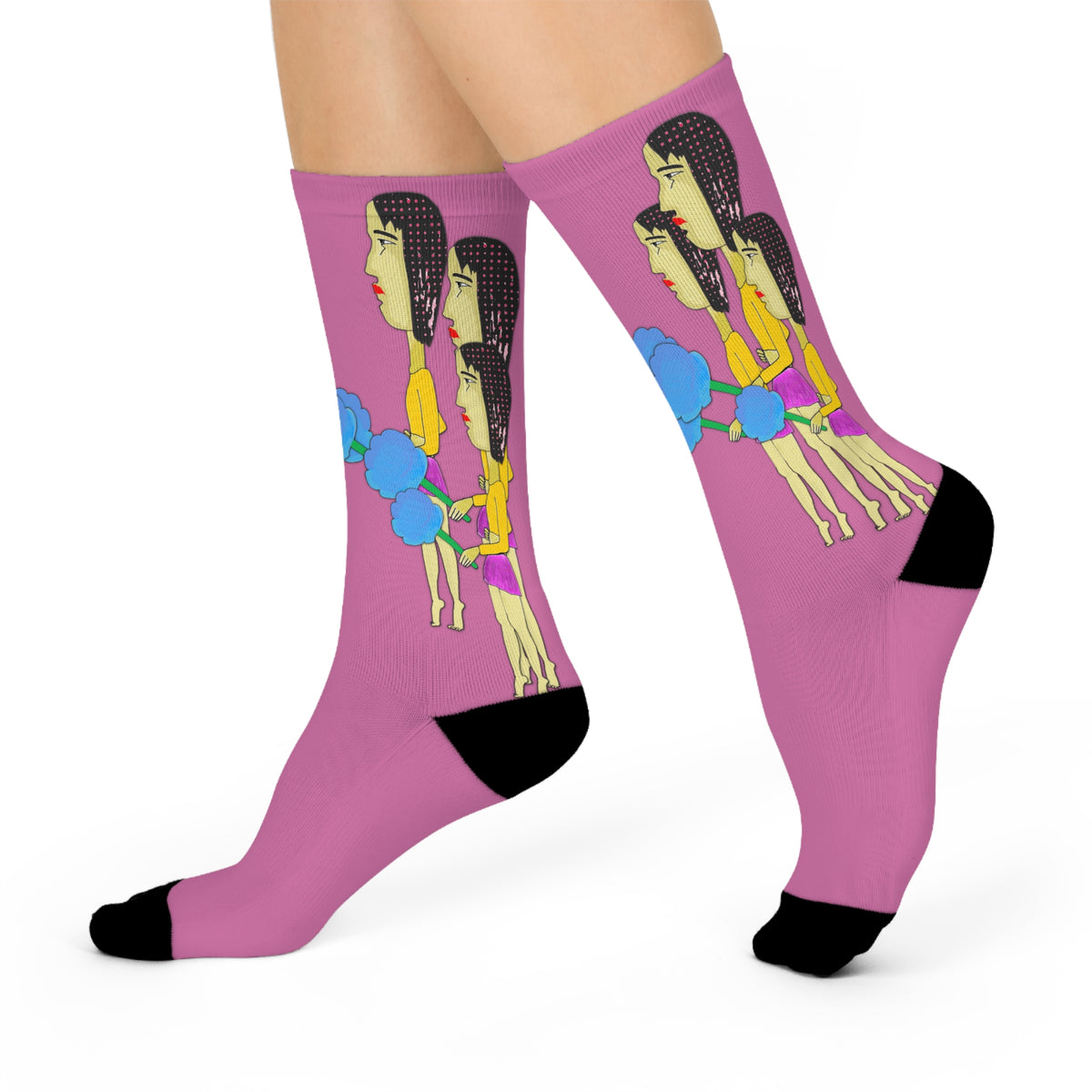 Woman wearing Cotton Candy Pop Art Crew Socks while relaxing at home