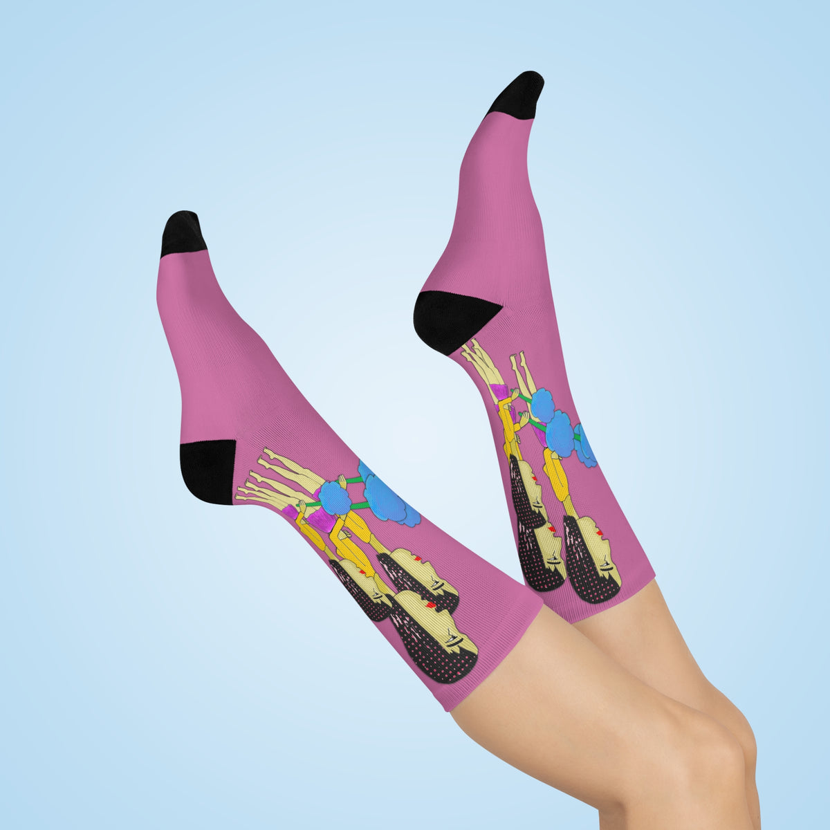 Front and back detail of Cotton Candy Pop Art Crew Socks showing the hand-drawn graphic print