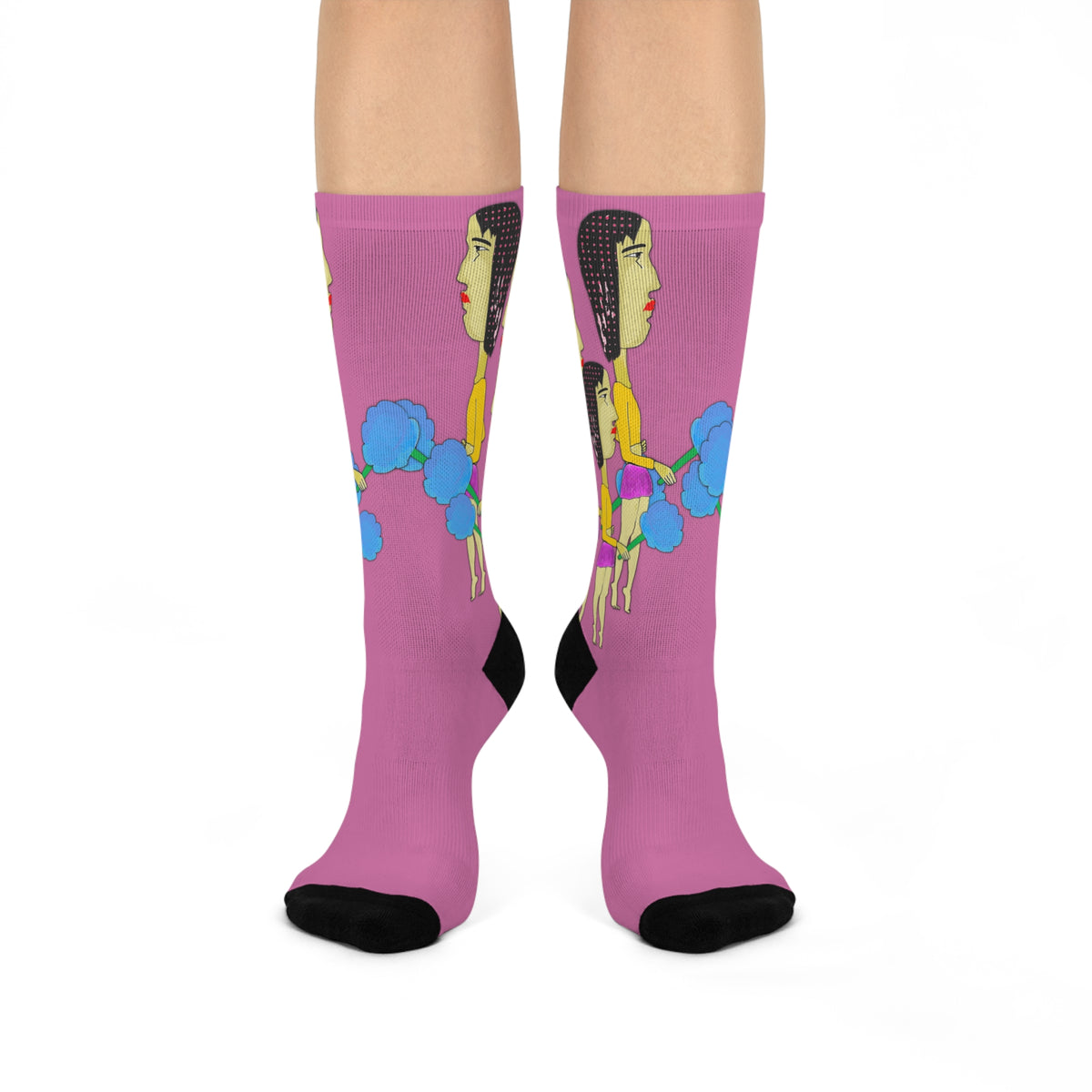 Cotton Candy Pop Art Crew Socks styled against a bright blue background