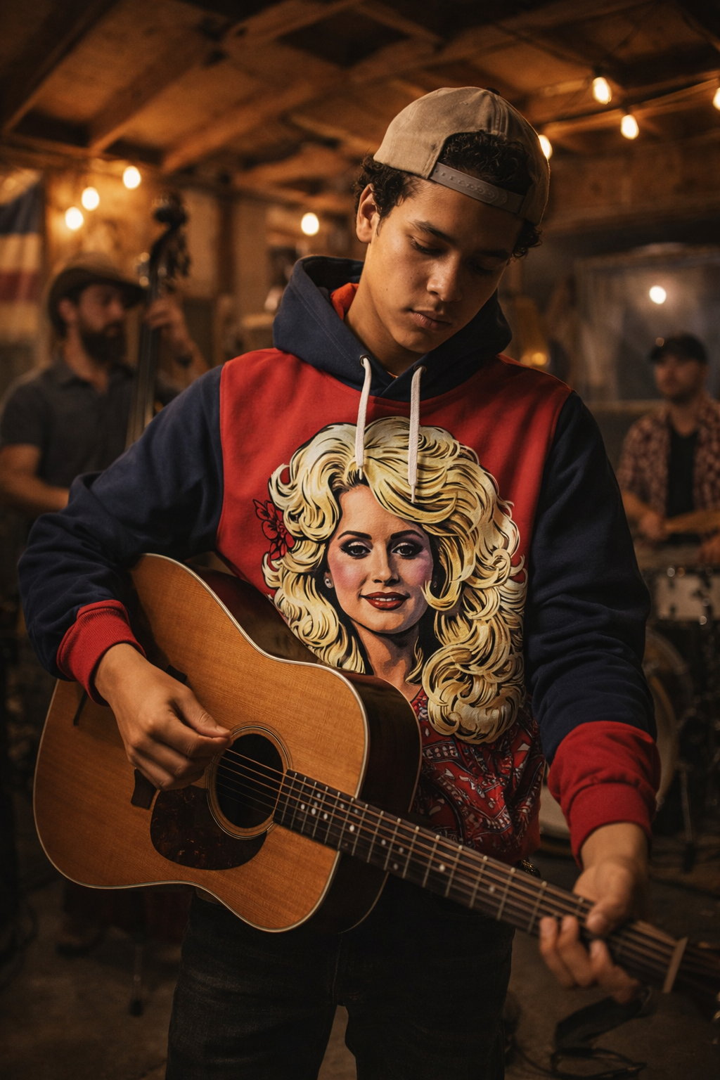 Guitarist wearing a red and navy country music graphic hoodie in a live music venue