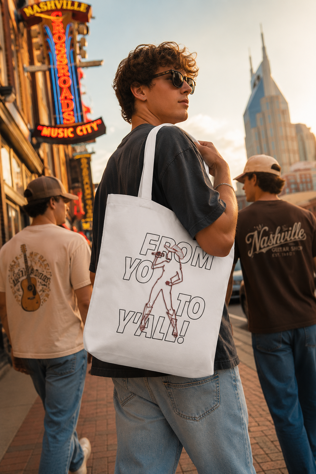 From Yo to Y’All country music graphic tote bag worn in an urban lifestyle setting