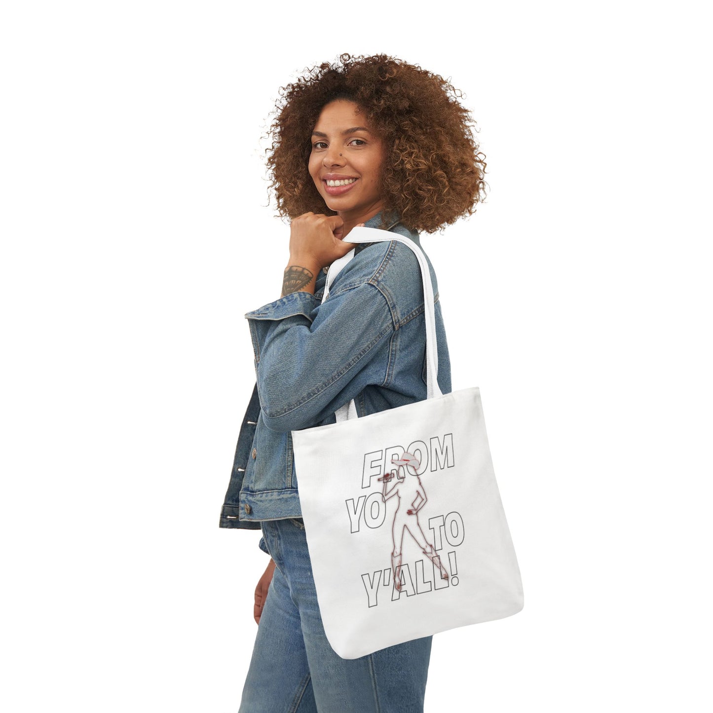 Female model carrying From Yo to Y’All graphic tote bag for country music lovers
