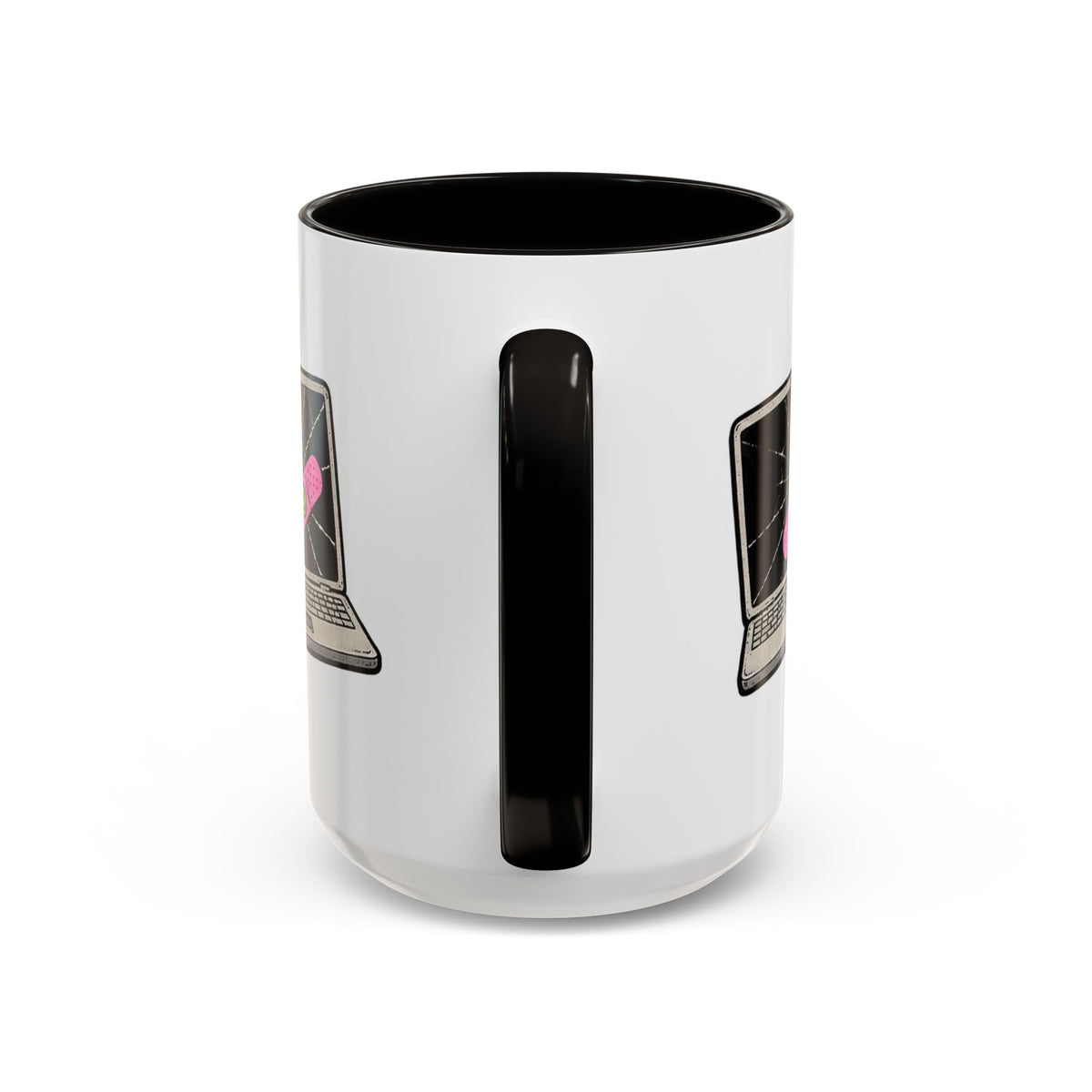 Cracked laptop bandage ceramic mug with black handle and interior, back view