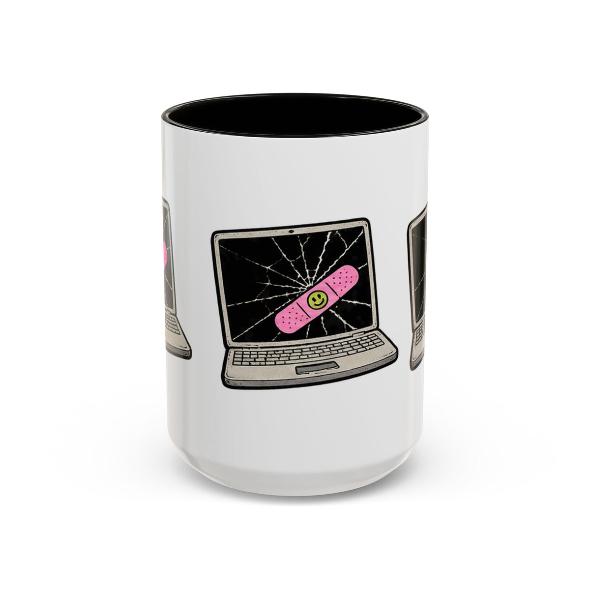 Cracked laptop bandage 15 oz ceramic tech mug with black interior, front view