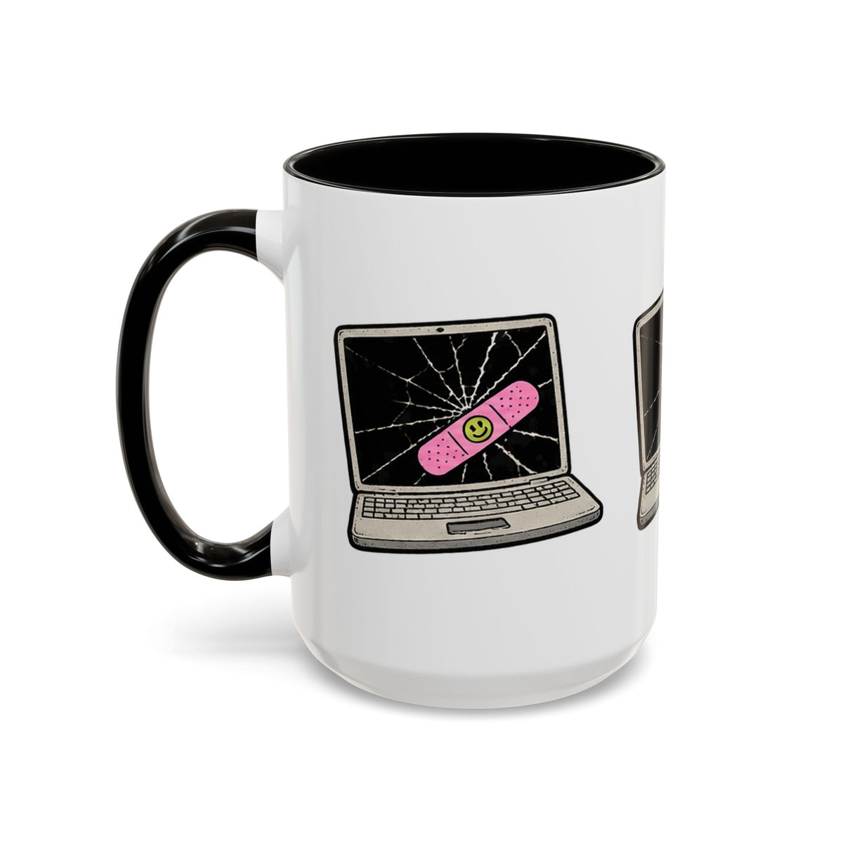 Cracked laptop bandage 15 oz ceramic mug with black handle and interior, left-side view