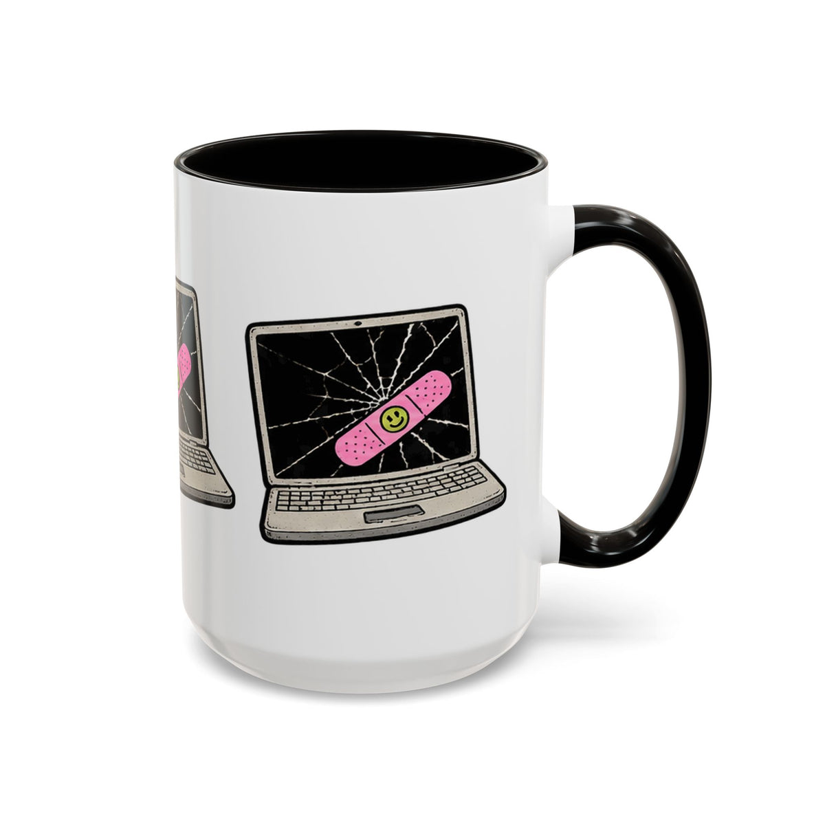 Cracked laptop bandage funny IT mug with black handle and interior, right-side view