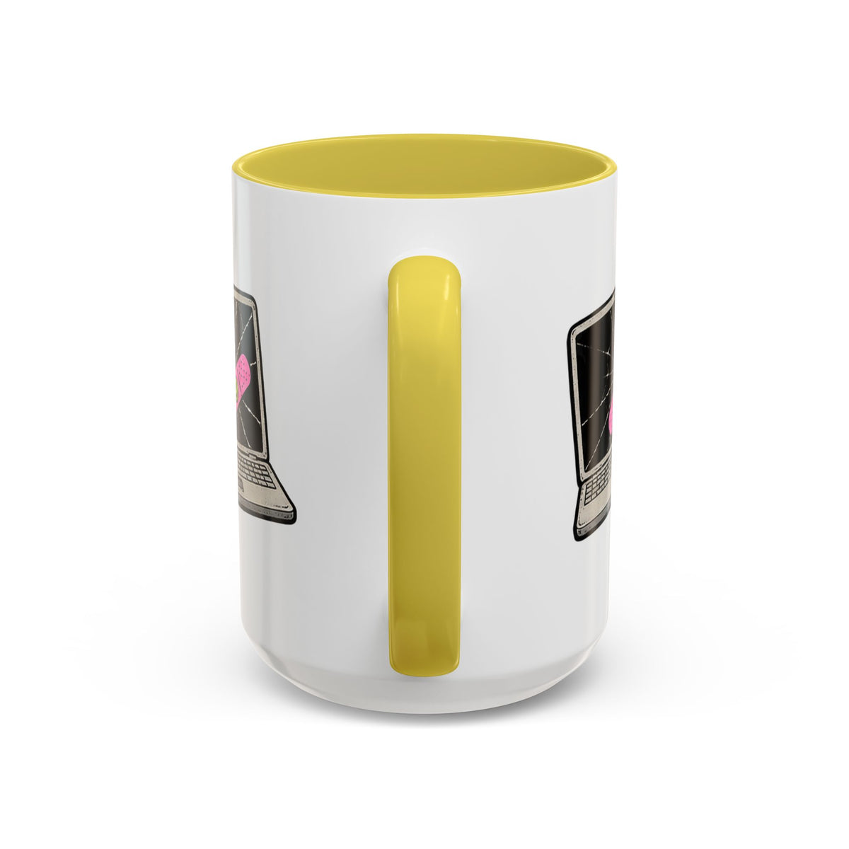 Cracked laptop bandage ceramic mug with yellow handle and interior, back view