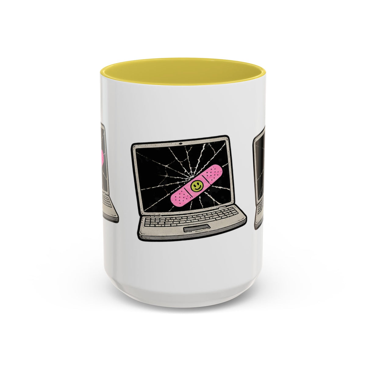 Cracked laptop bandage 15 oz ceramic mug with yellow interior, front view