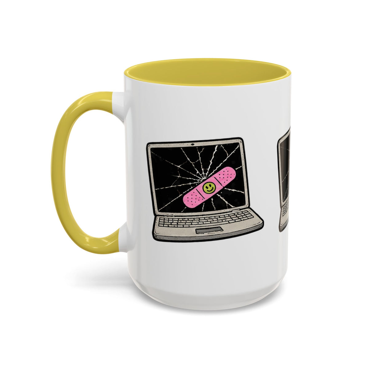 Cracked laptop bandage funny computer mug with yellow handle and interior, left-side view