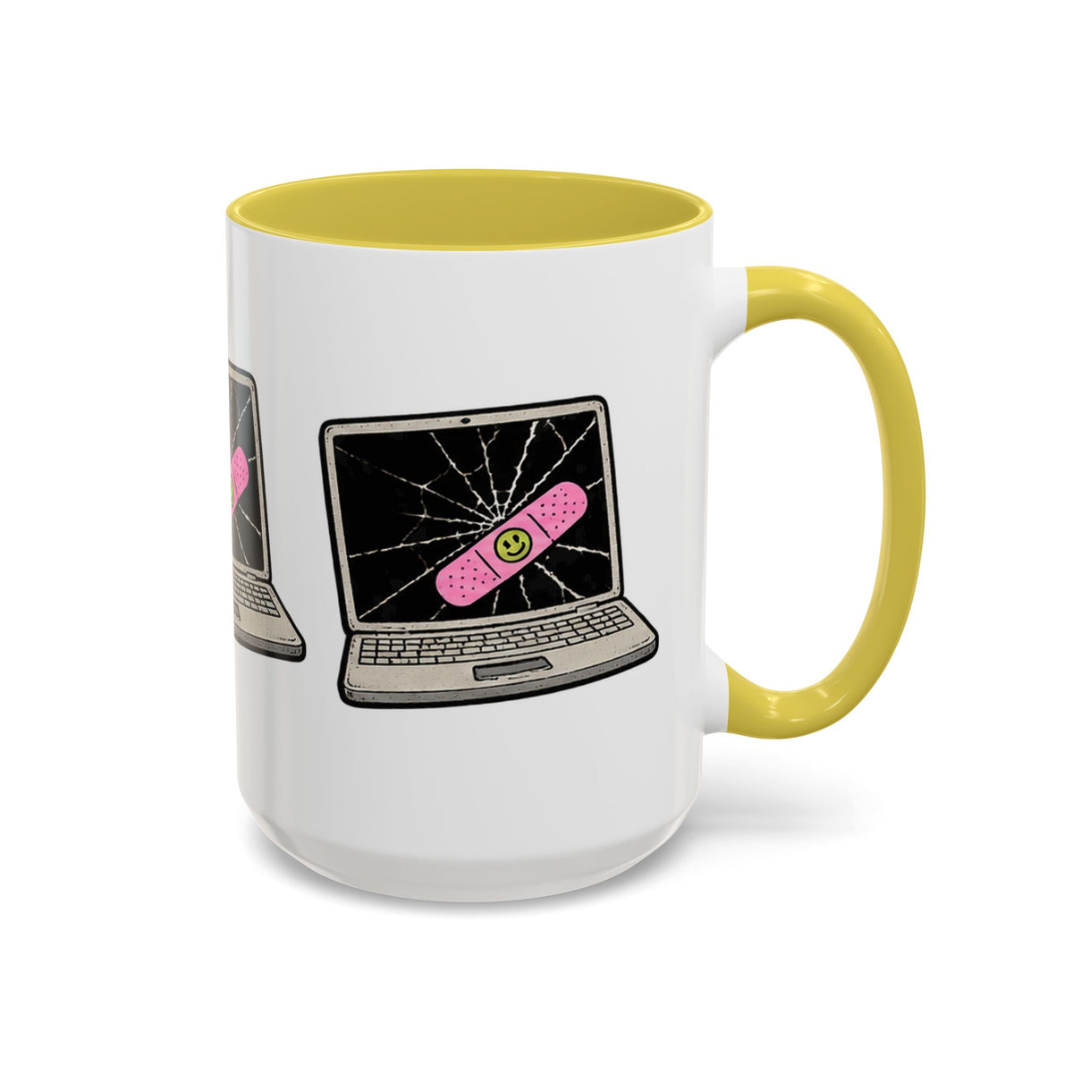 Cracked laptop bandage tech mug with yellow handle and interior, right-side view