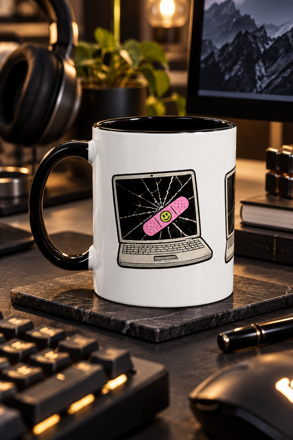 Cracked laptop bandage tech mug with black handle on an editorial desk with keyboard, headphones and monitor