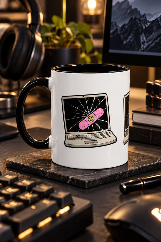 Cracked laptop bandage tech mug with black handle on an editorial desk with keyboard, headphones and monitor