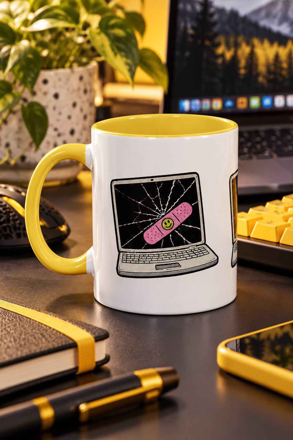 Cracked laptop bandage tech mug with yellow handle on a modern workspace desk with laptop and accessories