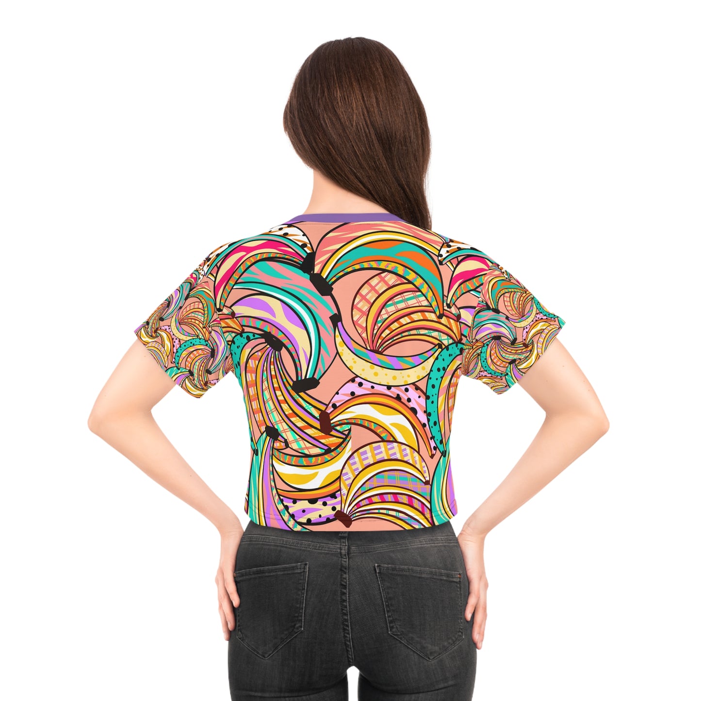 Back lifestyle view of woman wearing colorful Crazy Bananas Crop Tee with relaxed streetwear styling