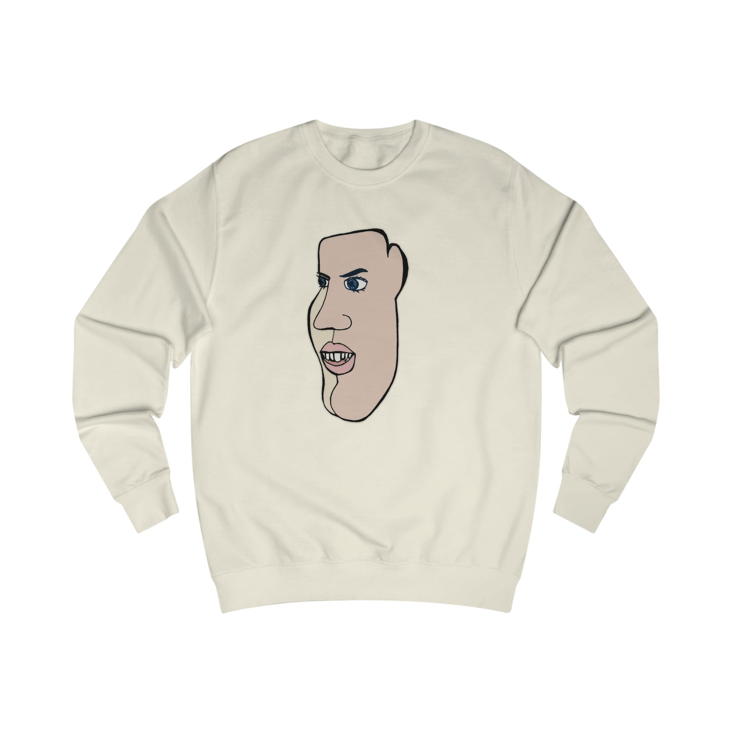 Cream crewneck sweatshirt featuring minimalist abstract face artwork and original hand drawn illustration.