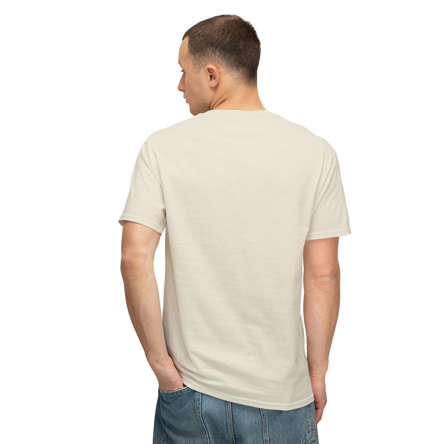 Back view of cream NYC rat graphic T-shirt worn by male model