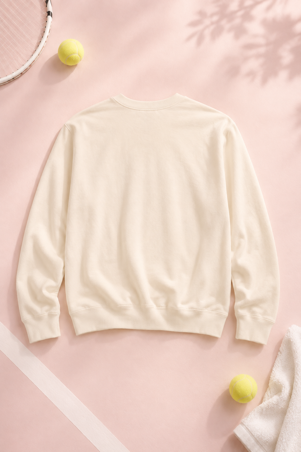 Back view of cream tennis sweatshirt on a soft pink tennis-inspired background
