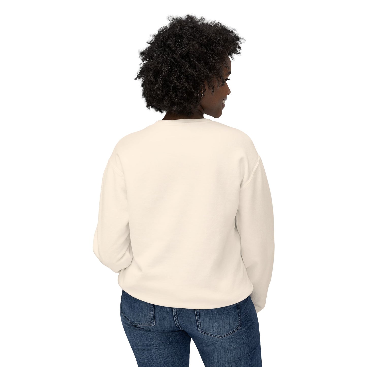 Back view of woman modeling cream tennis sweatshirt