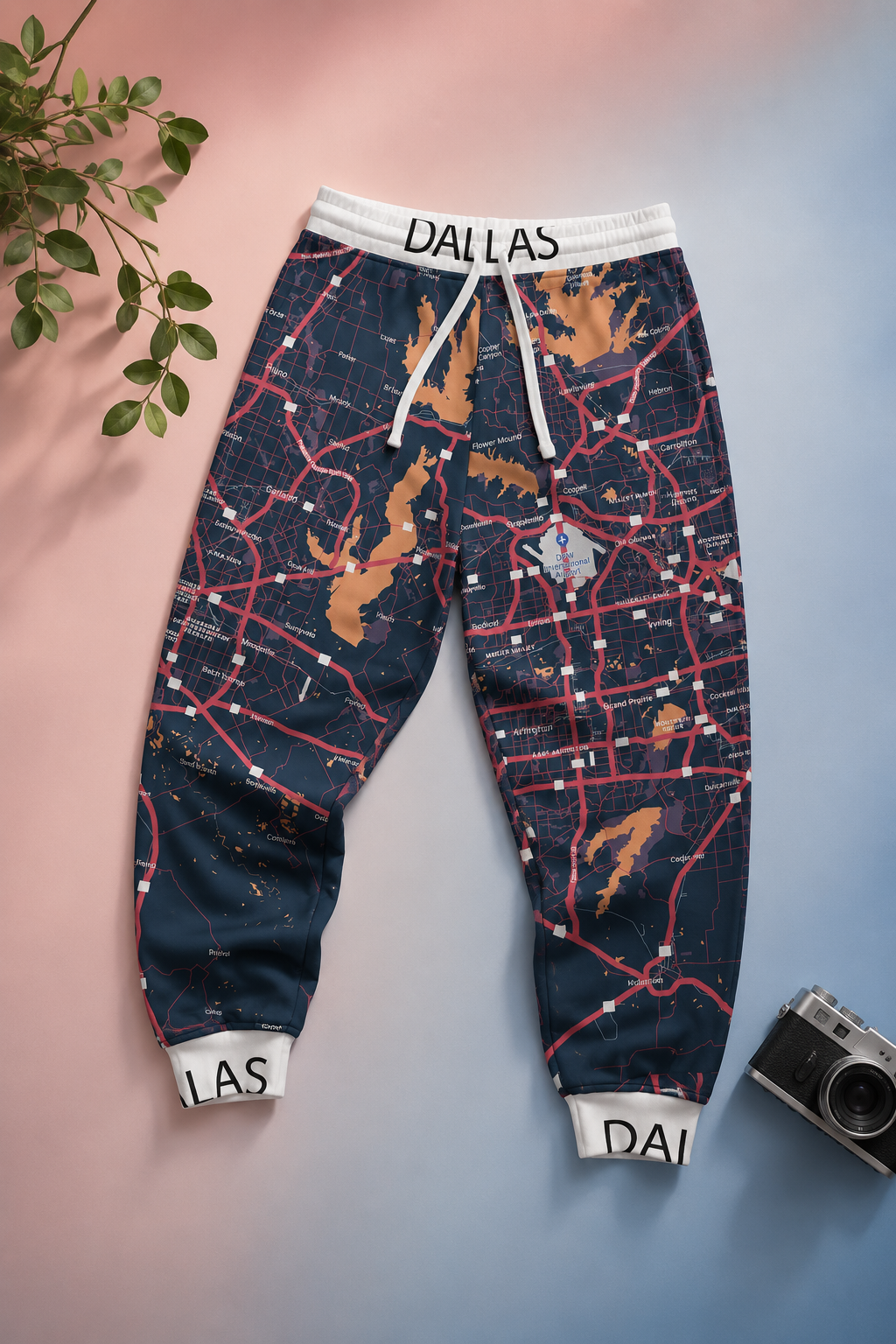Dallas Map Joggers flat lay mockup on a soft blue gradient background with travel-inspired styling elements.