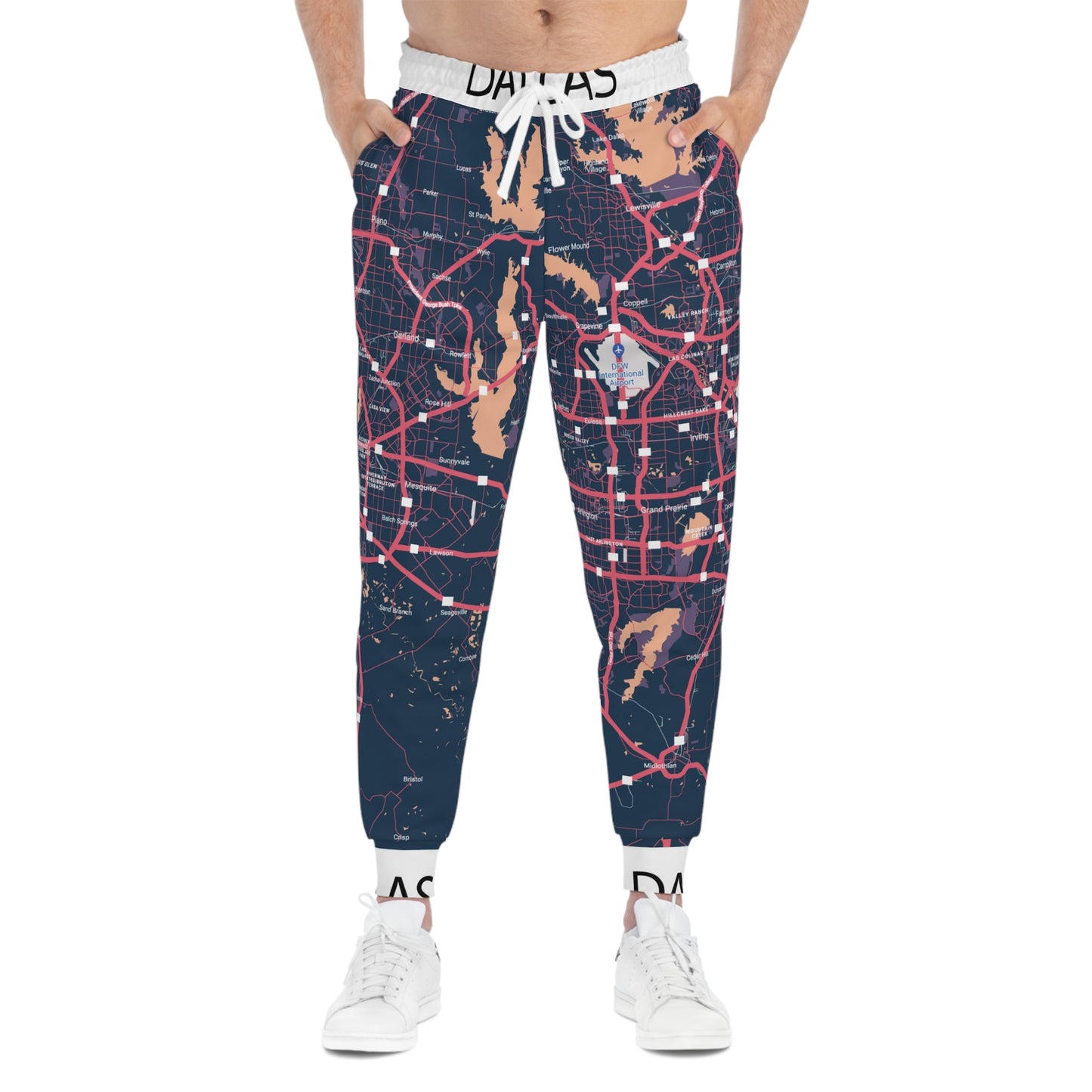 Front model view of Dallas Map Joggers showcasing the full Dallas city map design and relaxed fit.