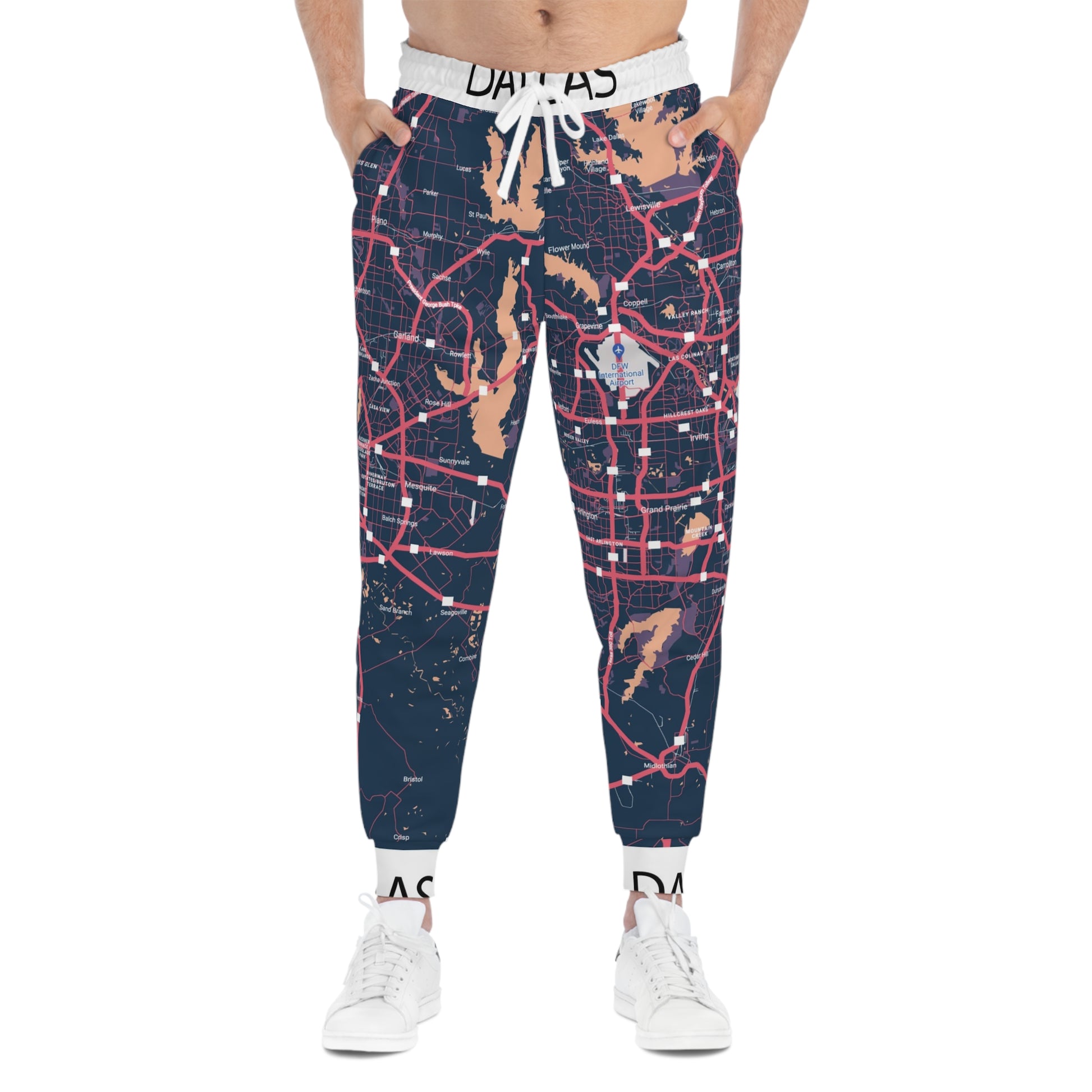 Front model view of Dallas Map Joggers showcasing the full Dallas city map design and relaxed fit.