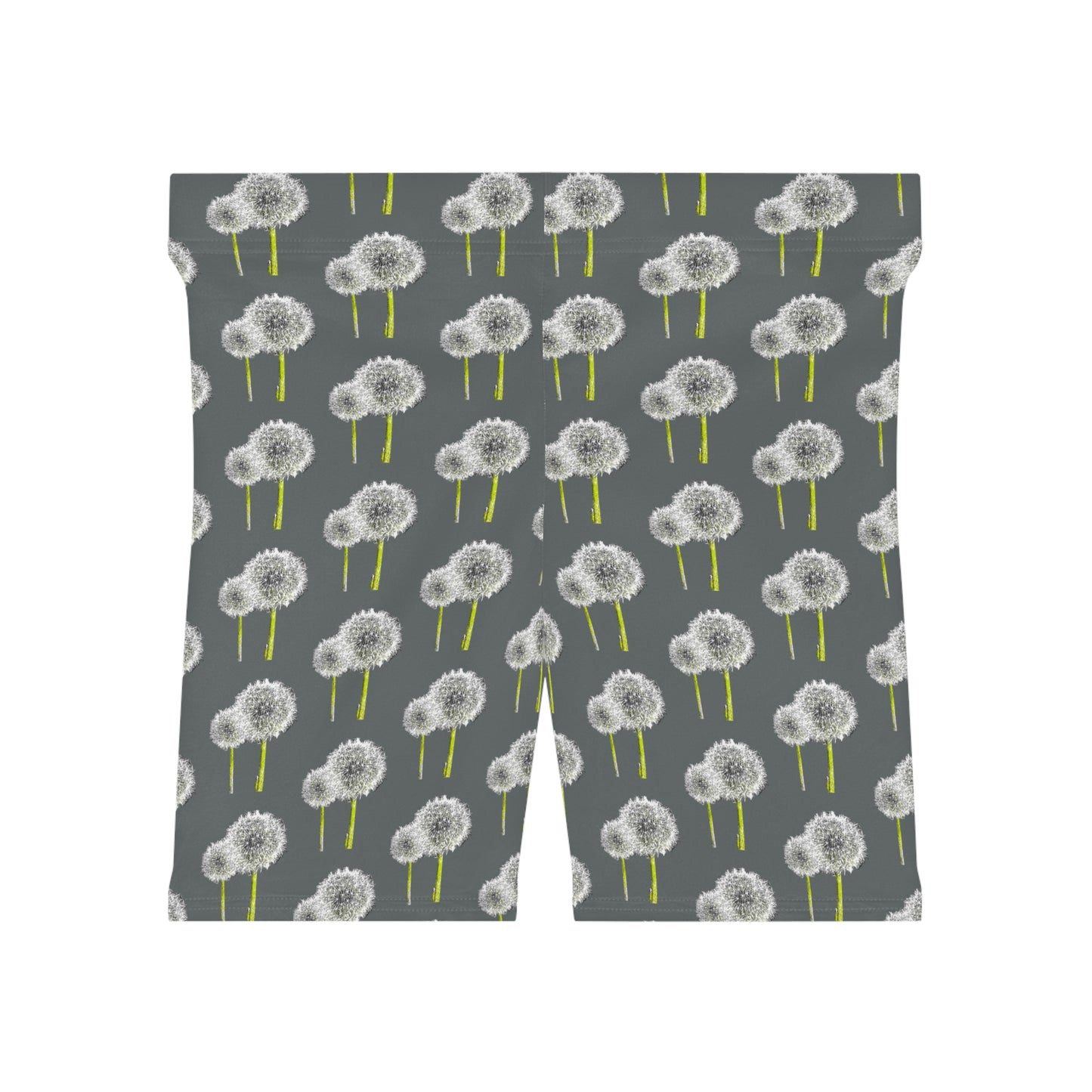 Back view of women's floral dandelion bike shorts with repeating botanical design