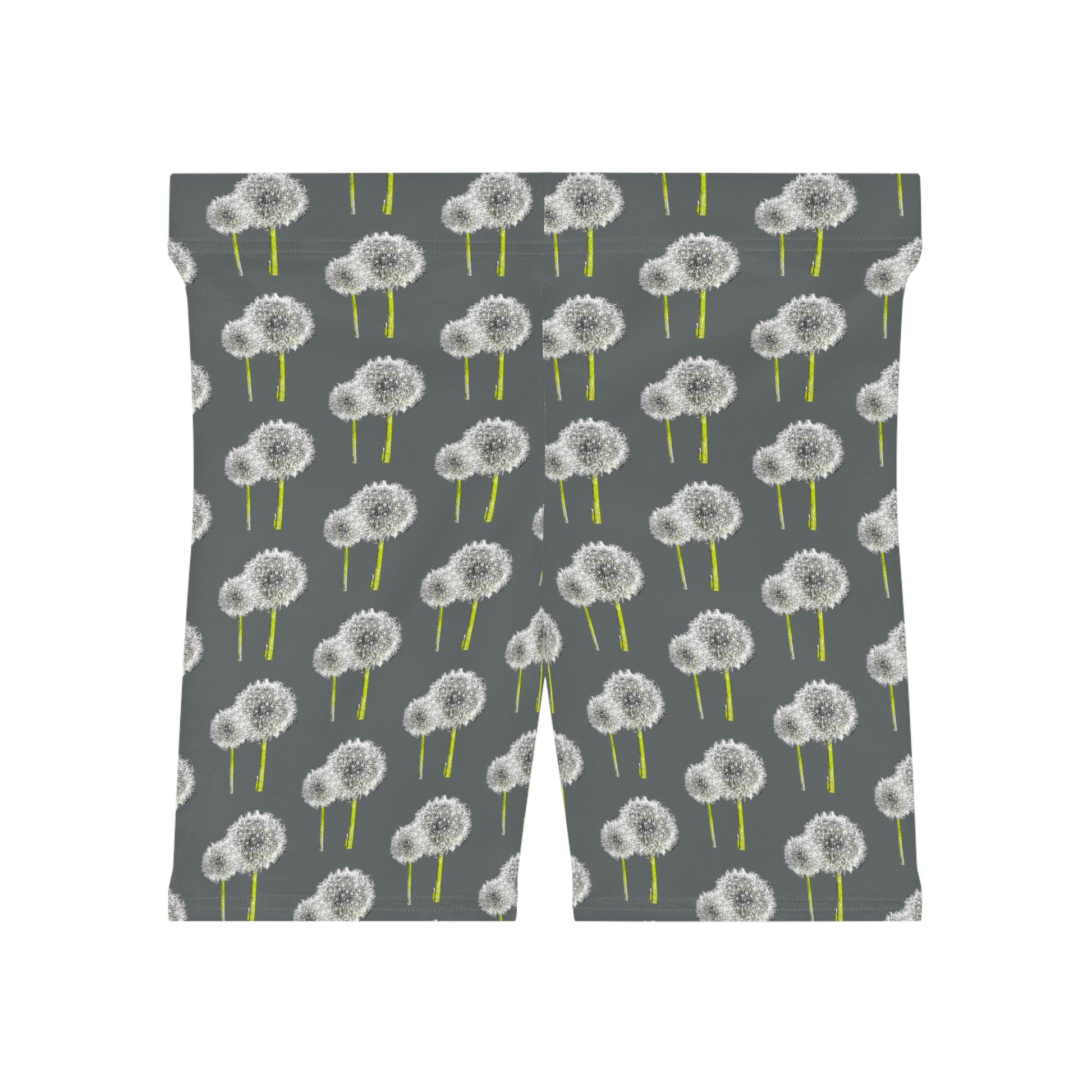 Back view of women's floral dandelion bike shorts with repeating botanical design